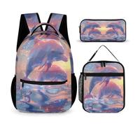 WECECE Borsa Scuola Dolphin Bambina con Portapranzo e Astuccio Matite, Set Zaini Sea Creature Ragazzi Classe 2-5 per Studio e Attività Scolastiche, Spallacci Regolabili