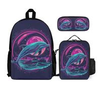 WECECE Borsa Scuola Dolphin Bambini con Portapranzo e Astuccio Matite, Zainetto Sea Creature Ragazza 6-10 Anni per Attività Scolastiche, Capiente per Libri Quaderni e Accessori