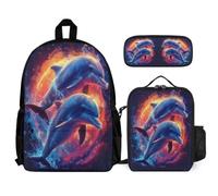 WECECE Borsa Scuola Dolphin Ragazze Classe 1-3 con Borsa Termica e Astuccio, Set Zaini Sea Creature Bambina per Primaria 6-10 Anni, Capiente per Libri Quaderni e Accessori