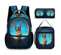 WECECE Borsa Scuola Donkey Ragazze con Borsa Termica e Astuccio Matite, Set di Zaino Animal 3D Ragazzo 7-11 Anni per Rientro a Scuola