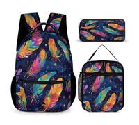 WECECE Borsa Scuola Feather Print Bambina con Sacchetto Pranzo e Astuccio Matite, Zainetto Colourful Bambino 7-12 Anni per Viaggio, Capiente per Libri Quaderni e Accessori Scolastici