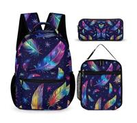 WECECE Borsa Scuola Feather Print Ragazze Classe 1-3 con Borsa Termica e Astuccio, Set Zaini Colourful Bambina per Primaria 6-10 Anni, Capiente per Libri Quaderni e Accessori