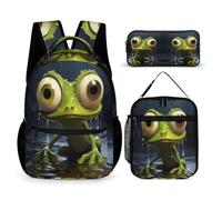 WECECE Borsa Scuola Frog Ragazza con Sacchetto Pranzo e Astuccio, Set Zaini Ugly Bambini 6-13 Anni per Scuola Elementare