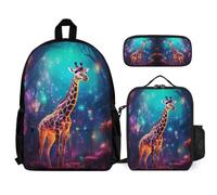 WECECE Borsa Scuola Giraffe Bambini con Portapranzo e Astuccio Matite, Zainetto Animal Theme Ragazza 6-10 Anni per Attività Scolastiche, Capiente per Libri Quaderni e Accessori