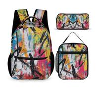 WECECE Borsa Scuola Graffiti Ragazza 7-14 Anni con Sacchetto per Pranzo e Astuccio, Set Zaini Memphis Style Ragazzi per Attività Quotidiane, Capiente Libri Quaderni e Accessori