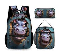 WECECE Borsa Scuola Hippo Bambina con Portapranzo e Astuccio Matite, Set Zaini 3D Animal Ragazzi Classe 2-5 per Studio e Attività Scolastiche, Spallacci Regolabili