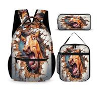 WECECE Borsa Scuola Horse Ragazza 7-14 Anni con Sacchetto per Pranzo e Astuccio, Set Zaini Animal 3D Ragazzi per Attività Quotidiane, Capiente Libri Quaderni e Accessori