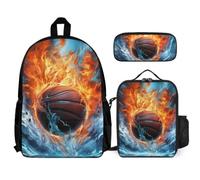 WECECE Borsa Scuola Ice And Fire Basketball Studenti con Portapranzo e Astuccio, Set di Zaino Basketball Bambino 7-11 Anni per Forniture Scolastiche