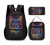 WECECE Borsa Scuola Kitten Ragazze con Borsa Termica e Astuccio Matite, Set di Zaino Animal Cat Ragazzo 7-11 Anni per Rientro a Scuola