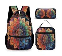 WECECE Borsa Scuola Mandala Bambina con Portapranzo e Astuccio Matite, Set Zaini Flower Ragazzi Classe 2-5 per Studio e Attività Scolastiche, Spallacci Regolabili