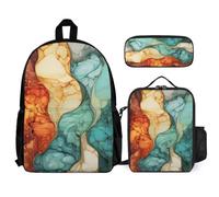 WECECE Borsa Scuola Marble Pattern Bambini con Portapranzo e Astuccio Matite, Zainetto Colourful Ragazza 6-10 Anni per Attività Scolastiche, Capiente per Libri Quaderni e Accessori