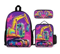 WECECE Borsa Scuola Mechanical Engineering Vehicle Ragazze Classe 1-3 con Borsa Termica e Astuccio, Set Zaini Tractor Bambina per Primaria 6-10 Anni, Capiente per Libri Quaderni e Accessori
