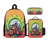 WECECE Borsa Scuola Mechanical Engineering Vehicle Studenti con Portapranzo e Astuccio, Set di Zaino Tractor Bambino 7-11 Anni per Forniture Scolastiche