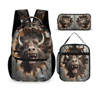 WECECE Borsa Scuola Musk Ox Ragazza con Sacchetto Pranzo e Astuccio, Set Zaini Bull 3D Crackle Print Bambini 6-13 Anni per Scuola Elementare