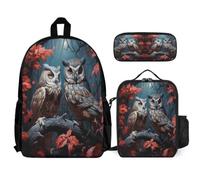 WECECE Borsa Scuola Owl Studenti con Sacchetto Pranzo Astuccio, Set Zaini Bird Theme Bambino 8-15 Anni per Scuola Primaria e Media, Spallacci Regolabili e Tasche Laterali