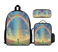 WECECE Borsa Scuola Rainbow Studenti con Sacchetto Pranzo e Astuccio Matite, Set Zaini Colourful Landscape Ragazzi 8-15 Anni per Uso Quotidiano