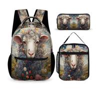 WECECE Borsa Scuola Sheep Bambina con Borsa Termica e Astuccio Matite, Zainetto Lamb Pattern Ragazze 8-15 Anni per Elementare e Media