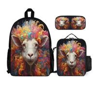 WECECE Borsa Scuola Sheep Bambini con Portapranzo e Astuccio Matite, Zainetto Lamb Pattern Ragazza 6-10 Anni per Attività Scolastiche, Capiente per Libri Quaderni e Accessori