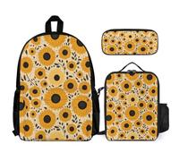 WECECE Borsa Scuola Sunflower Bambina con Borsa Termica e Astuccio Matite, Zainetto Flower Ragazzi 8-15 Anni per Elementare e Media