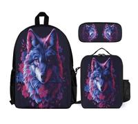WECECE Borsa Scuola Wolf Bambini con Portapranzo e Astuccio Matite, Zainetto Animal Wolve Ragazza 6-10 Anni per Attività Scolastiche, Capiente per Libri Quaderni e Accessori