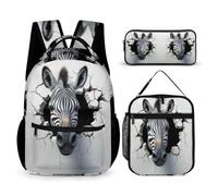 WECECE Borsa Scuola Zebra Bambina con Borsa Termica e Astuccio Matite, Zainetto 3D Animal Ragazze 8-15 Anni per Elementare e Media