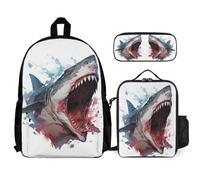 WECECE Set di 3 zaini Shark ragazze ragazzi e borsa per il pranzo per bambini, borse scolastiche e astuccio, 3 pezzi