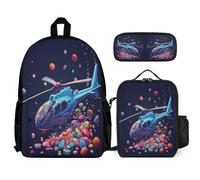 WECECE Set di Zaino Aeroplane Print Bambina con Sacchetto per Pranzo e Astuccio, Borsa Scolastica Fighter Ragazzo 7-13 Anni per Rientro a Scuola