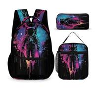 WECECE Set di Zaino Astronaut Bambini con Portapranzo e Astuccio Matite, Zainetto Spaceman Ragazza 6-12 Anni per Escursioni e Uso Giornaliero, Tasche Laterali Porta Bottiglia