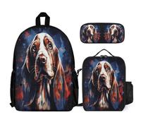 WECECE Set di zaino Baquito Hound Dog per la scuola per adolescenti e ragazzi, zaini Puppy Animal con portapranzo e astuccio, idea regalo la scuola elementare media, Set da 3 pezzi