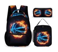 WECECE Set di Zaino Basketball Ragazzi con Borsa Termica e Astuccio, Zaino Scuola Fire and Ice Basketball Bambina 6-10 Anni per Rientro a Scuola, Capiente per Libri Quaderni e Accessori