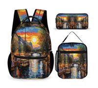 WECECE Set di Zaino Beautiful Scenery Bambini con Sacchetto per Pranzo e Astuccio, Borsa Scolastica Bambina 6-11 Anni per Elementare e Tempo Libero, Spallacci Regolabili