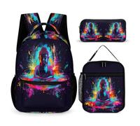 WECECE Set di Zaino Buddha Ragazza con Portapranzo e Astuccio Matite, Borsa Scuola Buddhism Ragazzo 6-13 Anni per Uso Quotidiano, Capiente per Libri Quaderni e Accessori