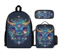 WECECE Set di Zaino Bull Studenti con Portapranzo e Astuccio Matite, Borsa Scolastica Animal Cow Print Ragazzi 6-10 Anni per Uso Giornaliero