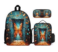 WECECE Set di Zaino Butterfly Bambini con Portapranzo e Astuccio Matite, Zainetto 3D Theme Ragazza 6-12 Anni per Escursioni e Uso Giornaliero, Tasche Laterali Porta Bottiglia