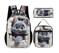 WECECE Set di Zaino Cat Bambini con Portapranzo e Astuccio Matite, Zainetto 3D Kitten Ragazza 6-12 Anni per Escursioni e Uso Giornaliero, Tasche Laterali Porta Bottiglia