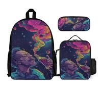 WECECE Set di Zaino Colourful Art Bambini con Portapranzo e Astuccio Matite, Zainetto Ragazza 6-12 Anni per Escursioni e Uso Giornaliero, Tasche Laterali Porta Bottiglia