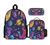 WECECE Set di Zaino Cosmos Bambina con Sacchetto per Pranzo e Astuccio, Borsa Scolastica Planet Ragazzo 7-13 Anni per Rientro a Scuola