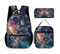 WECECE Set di Zaino Cosmos Bambini con Sacchetto per Pranzo e Astuccio, Borsa Scuola Planet Ragazza 7-12 Anni per Uso Giornaliero, Capiente Libri Quaderni e Accessori