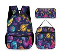 WECECE Set di Zaino Cosmos Ragazza con Portapranzo e Astuccio Matite, Borsa Scuola Planet Ragazzo 6-13 Anni per Uso Quotidiano, Capiente per Libri Quaderni e Accessori