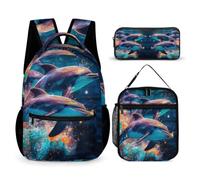 WECECE Set di Zaino Dolphin Bambini con Sacchetto per Pranzo e Astuccio, Borsa Scuola Sea Creature Ragazza 7-12 Anni per Uso Giornaliero, Capiente Libri Quaderni e Accessori