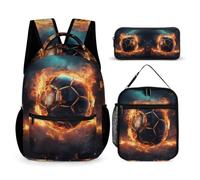 WECECE Set di Zaino Football Flames Bambini con Sacchetto per Pranzo e Astuccio, Borsa Scolastica Soccer Bambina 6-11 Anni per Elementare e Tempo Libero, Spallacci Regolabili