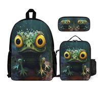 WECECE Set di Zaino Frog Bambina con Sacchetto per Pranzo e Astuccio, Borsa Scolastica Ugly Ragazzo 7-13 Anni per Rientro a Scuola