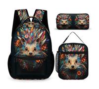 WECECE Set di Zaino Hedgehog Bambini con Sacchetto per Pranzo e Astuccio, Borsa Scolastica Animal Print Bambina 6-11 Anni per Elementare e Tempo Libero, Spallacci Regolabili