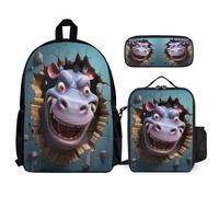 WECECE Set di zaino Hippo per la scuola per adolescenti e ragazzi, zaini 3D Animal con portapranzo e astuccio, idea regalo la scuola elementare media, Set da 3 pezzi