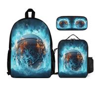 WECECE Set di Zaino Ice and Fire Basketball Bambini con Sacchetto per Pranzo e Astuccio, Borsa Scolastica Basketball Bambina 6-11 Anni per Elementare