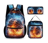 WECECE Set di Zaino Ice and Fire Basketball Bambini con Sacchetto per Pranzo e Astuccio, Borsa Scolastica Basketball Bambina 6-11 Anni per Elementare e Tempo Libero, Spallacci Regolabili