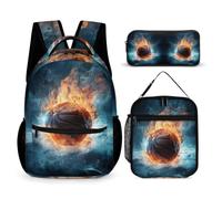 WECECE Set di Zaino Ice and Fire Basketball Bambini con Sacchetto per Pranzo e Astuccio, Borsa Scuola Basketball Ragazza 7-12 Anni per Uso Giornaliero, Capiente Libri Quaderni e Accessori