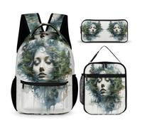 WECECE Set di Zaino Landscape Art Bambini con Sacchetto per Pranzo e Astuccio, Borsa Scuola Portrait Art Ragazza 7-12 Anni per Uso Giornaliero, Capiente Libri Quaderni e Accessori