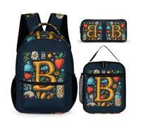 WECECE Set di Zaino Letter B Pattern Bambini con Sacchetto per Pranzo e Astuccio, Borsa Scuola Ragazza 7-12 Anni per Uso Giornaliero, Capiente Libri Quaderni e Accessori