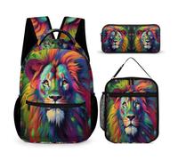WECECE Set di Zaino Lion Bambini con Sacchetto per Pranzo e Astuccio, Borsa Scuola Lions Animal King Ragazza 7-12 Anni per Uso Giornaliero, Capiente Libri Quaderni e Accessori